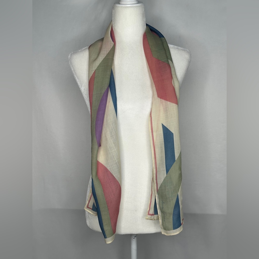 Vintage Ginnie Johansen Scarf Geometricโ Blue Pink Green Lightweight Wool